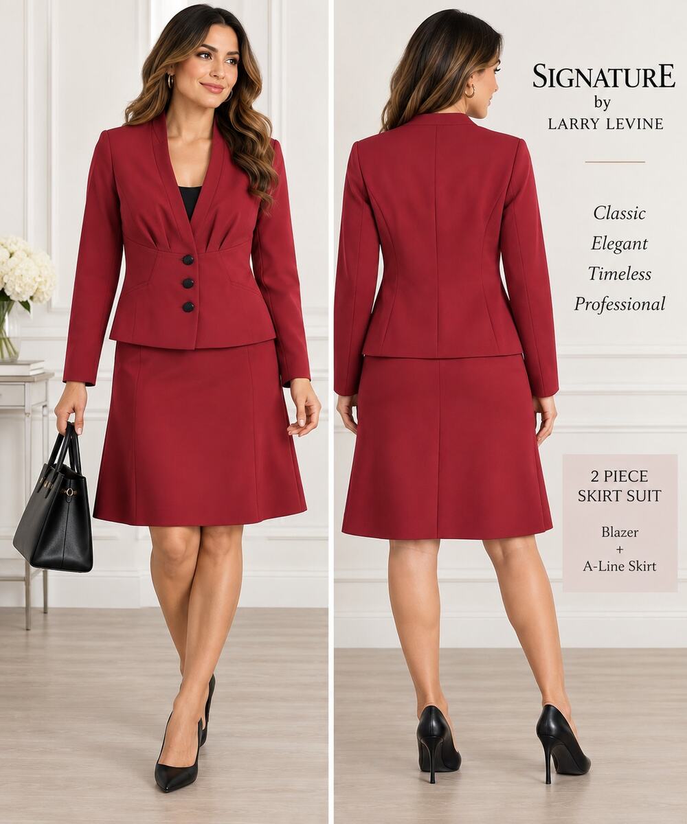 Signature by Larry Levine Size 6 Burgundy 2 Piece Blazer A-Line Skirt Suit NWT